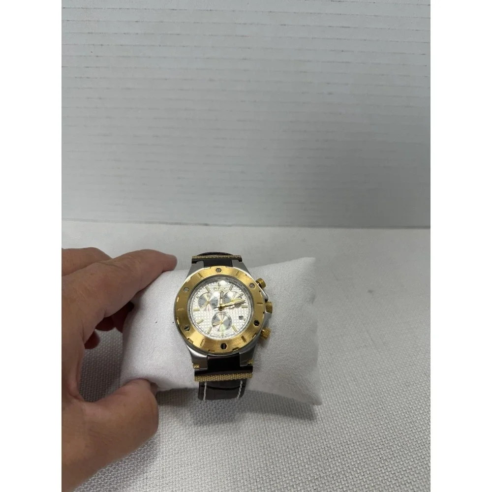 Daniel Steiger Men's Watch Round Silver & Gold/wt Date Chrono Dial Leather Band!